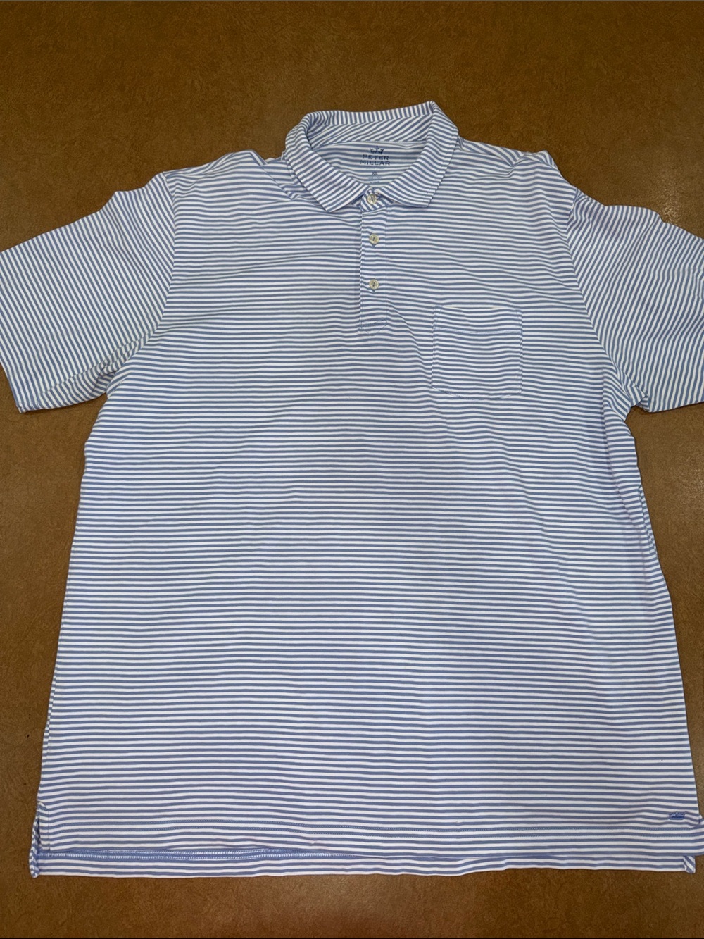 Peter Millar White and Light Blue Striped Polo • Pocket Accent • See ALL Photos